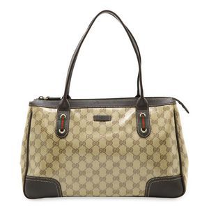 Gucci GG Crystal Sherry Handbag Tote Bag Coated Canvas Khaki Beige Dark Brown